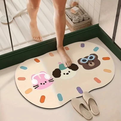 【热销！！！】1 件装软橡胶厨房地垫，3.5 毫米厚，手绘 3 种小动物图案，浅色背景卡通设计，吸水性强，可裁剪以适应厨房尺寸，表面为织物材质，中间层为海绵层，底部为橡胶层，适用于厨房地毯、厨房装饰、家居装饰、浴室地垫、玄关地垫、洗衣房地垫、走廊地毯、客厅地垫等。