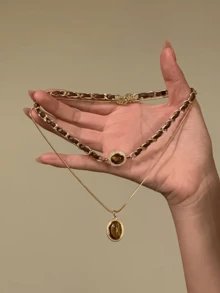 2pcs Vintage Malachite Heart & Tiger Eye Stone Tassel Necklace, Simple Sweater Chain Accessory For Women, Gift For Her - Brown - View 1