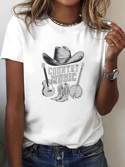 100% Cotton Women's Country Music Themed T-Shirt - Short Sleeve Crew Neck Top Suitable For Summer & Spring, Casual Wear With Country Music Artist & Album Print, Machine Washable Comfortable Tee For Concerts, Festivals & Daily Outfits