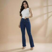 pthirillo Women's Dark Blue Flare Jeans With Butt-Lifting, High Waist, And Rhinestone Detail - Premium Rhinestone Jeans - Spike In the Pocket - View 9