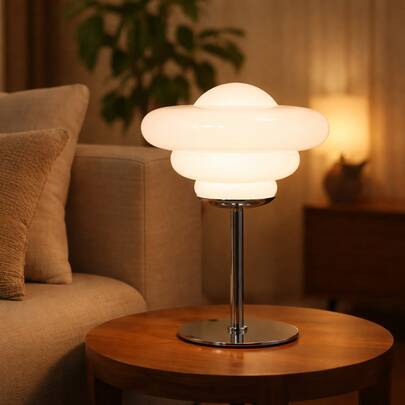 Modern Sculpture Glass Table Lamp, Layered Lampshade Design With Weighted Metal Base, Creates Soft Lighting
