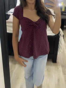 Women Fairy Grunge Shirt Cap Sleeve V Neck Knot Front Polka Dot Milkmaid Tops Summer Y2k Gingham Babydoll Cute Peplum Tops Teen Girls Going Out Sreetwear Daily Casual Wear - Màu tím  Violet - Xem 3