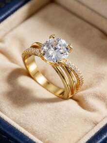 Women's Gold-Plated Cubic Zirconia Ring, Minimalist Round Center Stone Double-Layer Twisted Band, Versatile & Elegant For Daily Wear, Commute Or Casual, Great Birthday Gift For Fashionista - Gold - View 2