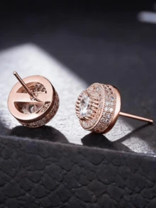 Iced Out Round Stud Earrings For Men, Rose Gold Plated Paved CZ Bling Hip Hop Streetwear Jewelry - Rose Gold - View 3