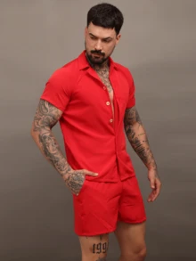Men's Tracksuit Set: Shirt With Button-Down Shirt And Shorts With Pockets. - Đỏ - Xem 3