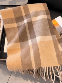 1pc Plaid Wool Scarf For Women, High-Quality Shawl, 2025 New Design, Winter Neck Warmer, Birthday Gift - Camel Brown - View 2