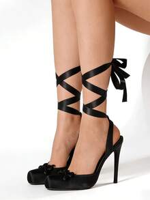 Ballet Heels Satin Stiletto Heels For Women Close Square Toe Bow Lace Up Ribbon Strappy Mary Jane Slingback Ballerina Pumps Lolita Party Wedding Prom Dress Shoes Cute Aesthetic Heels - 黑色B - 查看 2