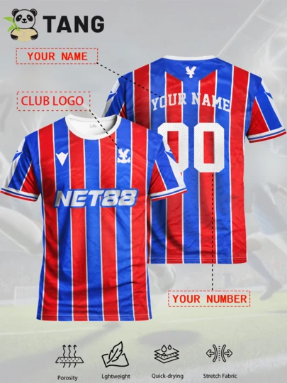 Crystal Palace 25/26 Home Customized Men's Football Jersey, Comfortable Round Neck Sports Sweatshirt, Soft & Lightweight Personalized Football Shirt, Suitable For Football Training, Casual Wear, And Gift