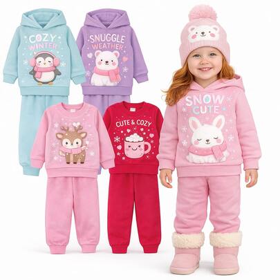 Kit 4 Peças Roupa Infantil Menina Bebê Conjunto Infantil de Inverno Feminino Infantil bebê Flanelado Kit 2 Casacos + 2 Calças Moletom Inverno Peluciado Sortidos , Cores e estampas sortidas de menina