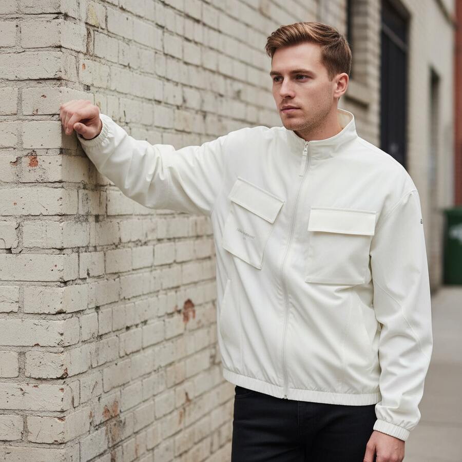 adidas 純色標貼Logo防風拼接訓練工裝立領長袖戶外休閒外套 男款 - 白色 - 查看 1