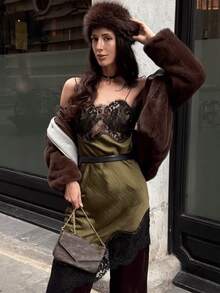 HZXVIC Women's Elegant Casual Asymmetric/Asymmetrical Lace Patchwork Zipper Beach Mini Dress - Green - View 8