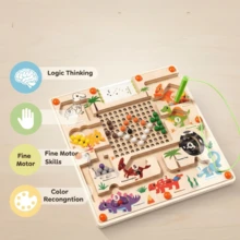 Magnetyczna zabawka edukacyjna z labiryntem dinozaurów | Wielokolorowe drewniane magnetyczne koraliki z magnetycznym długopisem i kartami, gra do nauki rozpoznawania kolorów i liczb dla dzieci od 3 lat, trening koncentracji i motoryki, idealny prezent na Boże Narodzenie/urodziny/Halloween/powrót do szkoły - Wielokolorowe - Zobacz 5