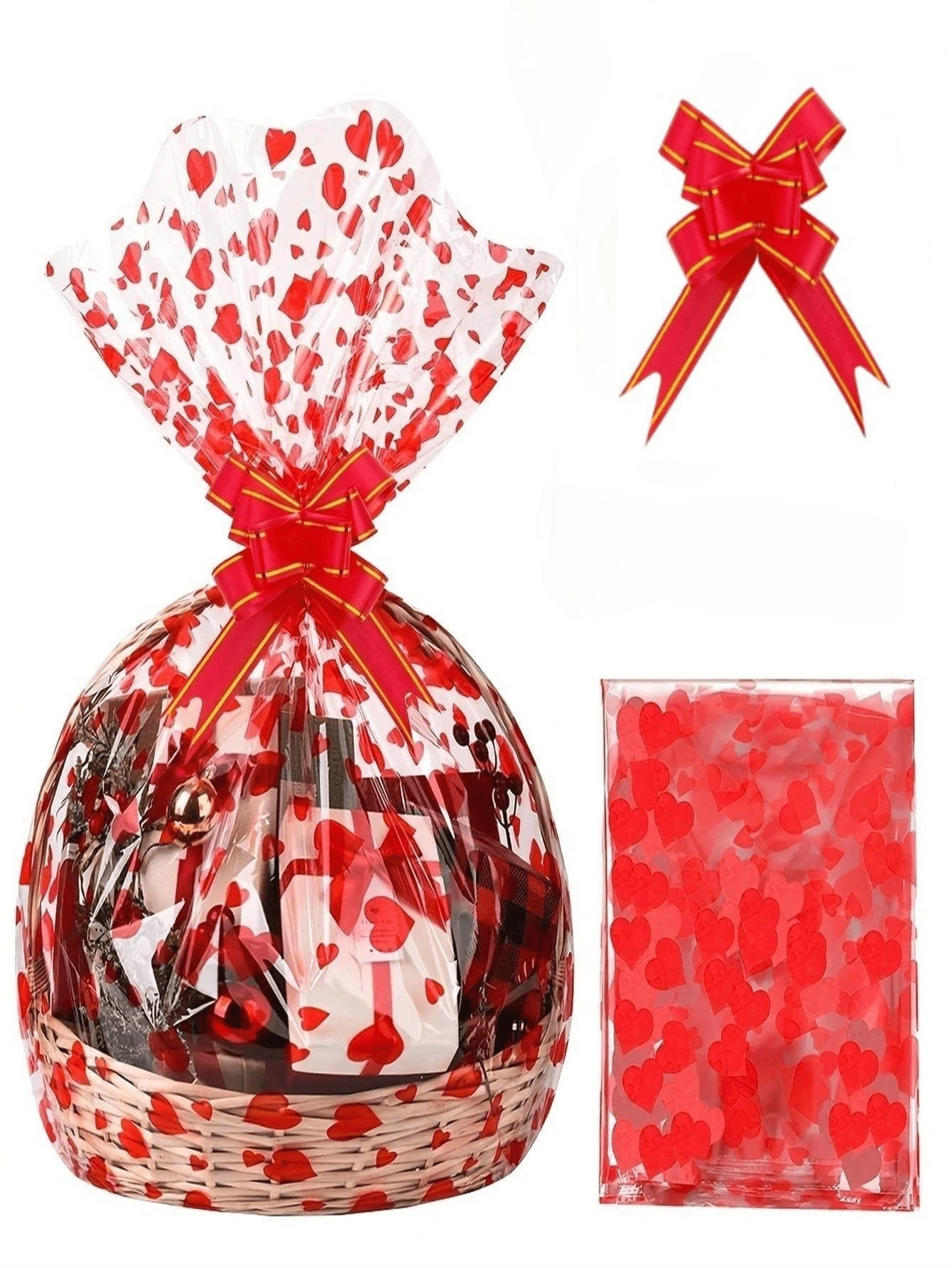 10/20 pièces Grands paniers cadeaux pour la Fête des Mères, la Saint-Valentin, avec 10 pièces de rubans en nœud, sacs en papier verre, emballage en papier verre à motif cœur. Convient pour les paniers, les mariages, les faveurs de fête, les anniversaires, les cadeaux de mariée, la Fête des Mères