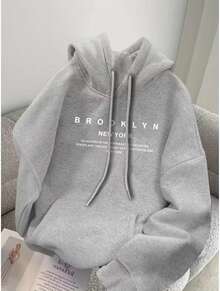 Brooklyn New York Unisex Fleece Sweatshirt, Long Sleeve, Flannel Lined, With Pocket And Kangaroo Hood, Warm For Winter - Xám - Xem 6
