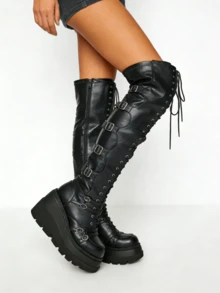 Goth Over Knee Boots For Women Black Platform Chunky Heel Boots Thigh High Goth Y2K Boots Rave Motorcycle Boots With Buckles Side Zip Lace Boots For Christmas Halloween - 黑色 - 查看 4