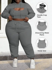 CALEBGAR Plus Size Women's Three-Piece Fleece-Lined Tracksuit, Includes Hoodie, Vest, And Long Track Pants |   Autumn/Winter Loose-Fit Casual Tracksuit |   Streetwear Sporty Style - Màu xám đen - Xem 1