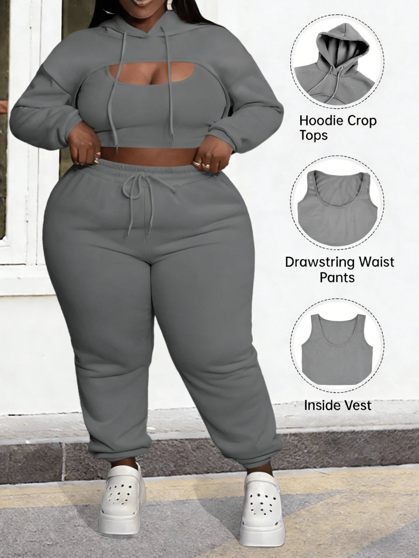 CALEBGAR Plus Size Women's Three-Piece Fleece-Lined Tracksuit, Includes Hoodie, Vest, And Long Track Pants |   Autumn/Winter Loose-Fit Casual Tracksuit |   Streetwear Sporty Style - Màu xám đen - Xem 1