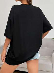 American Street Style Bunny Super B*Wl Print T-Shirt For Women, Loose Fit, Casual And Versatile Short-Sleeved Top - 黑色 - 查看 2