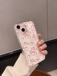 1个趣味涂鸦红色樱桃极简水果图案透明软手机壳，防滑防摔防黄轻薄全包软壳，兼容苹果手机 - 彩色 - 查看 3