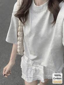 2026春夏新款纯棉短袖中长款T恤女装，时尚灰色休闲上衣 - 花灰色 - 查看 4