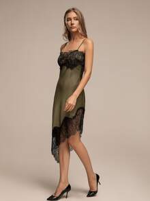 HZXVIC Women's Elegant Casual Asymmetric/Asymmetrical Lace Patchwork Zipper Beach Mini Dress - Green - View 6