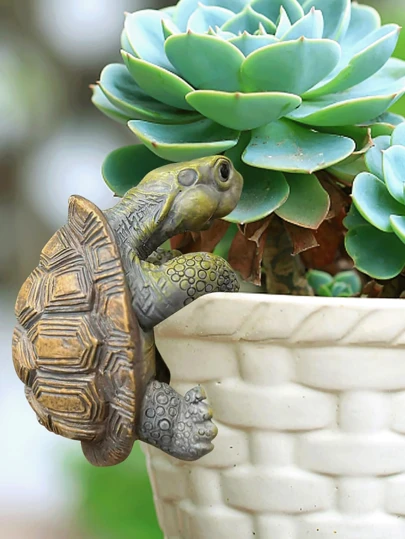 Climbing Turtle Statue, Vintage Flower Pot Garden Decoration, Glass Container Flower Pot Rim Decoration Resin Turtle, Suitable For Patio Lawn Decoration, Housewarming Gift, Outdoor Fence Decoration, Birthday Gift.
