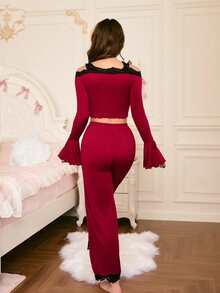 2pcs Contrast Color Lace Patchwork Long Sleeve Top & Lace Trim Pants Pajama Set - Burgundy - View 5