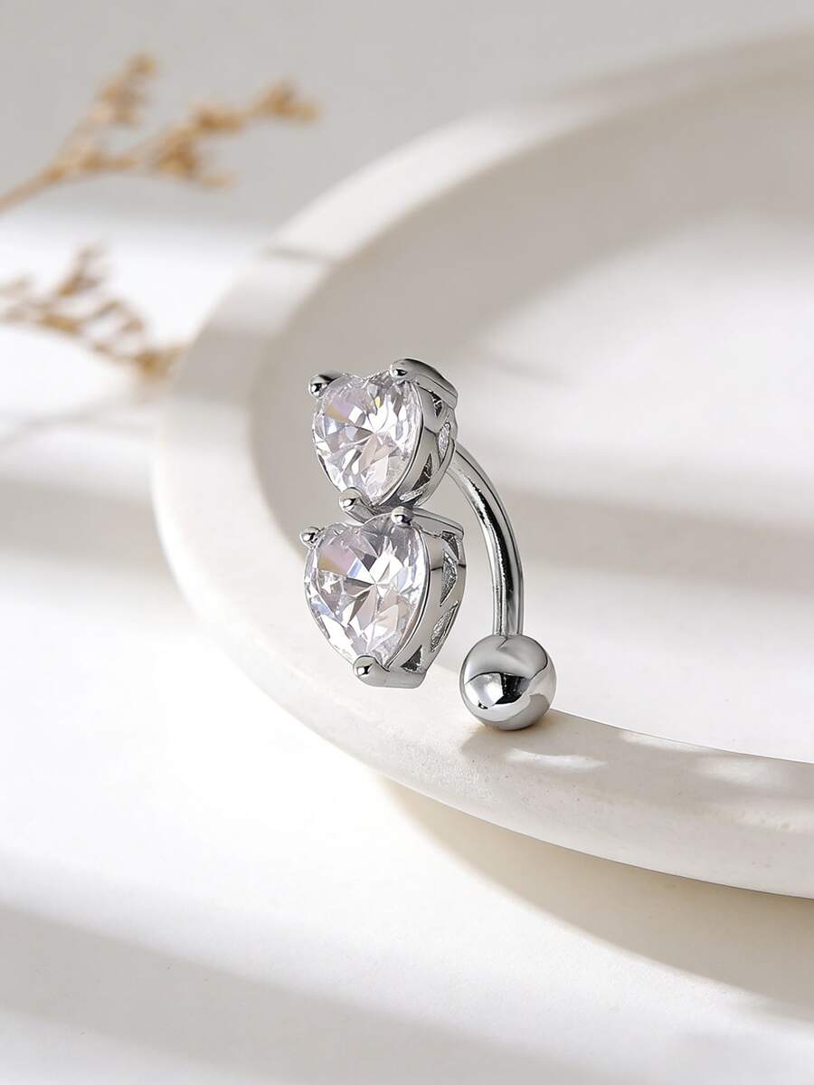 1pc Fashionable Luxury Zirconia Heart Shaped Navel Ring, Women's Body Piercing Jewelry, Suitable For Daily Wear, Beach, Party - Heart - View 1
