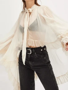 Women Ruffle Sheer Top Long Sleeve Bow Tie Design See Through Mesh Blouse Tops Oversized Flowy Chiffon Tunic Shirts - Ngà voi - Xem 8