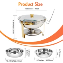 5QT 4 Packs Chafing Dish Buffet Set Gold Accent,  Round 316 Stainless Steel Buffet Warmer Chafers And Warmers Sets With Glass Lid & Lid Holder For Valentine's Day Gatherings Catering Events Parties Weddings Dinners - 半鍍金鋼蓋帶梅花夾 - 查看 11