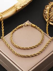 朋克风时尚独特不锈钢编织链项链+手链套装 - 时尚嘻哈配饰 - 金色 - 查看 1