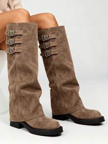 Fashion Womens Knee High Boots Round Toe Buckle Straps Slouchy Chunky Heel Boots Party Office Daily Outdoors Fall Winter Dressy Boots - 棕色絨面 - 查看 4