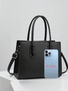 新款纯色牙签纹理女士小方形手提包斜挎包手提包适合旅行购物多层大容量单肩包，女士引人注目的工作包 - 黑色 - 查看 10