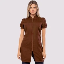 Women's Short-Sleeved Fitted Lab Coat With Zipper - Isi - Rust Brown - View 2