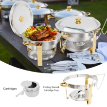 5QT 4 Packs Chafing Dish Buffet Set Gold Accent,  Round 316 Stainless Steel Buffet Warmer Chafers And Warmers Sets With Glass Lid & Lid Holder For Valentine's Day Gatherings Catering Events Parties Weddings Dinners - 半鍍金鋼蓋帶梅花夾 - 查看 2