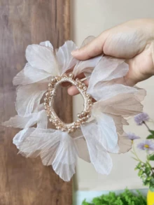 Fairy Tale Sheer Floral Petal & Pearl Beaded Hair Scrunchie, Floral Petal Hair Tie Ponytail Holder Hair Accessory For Spring/Summer - Multicolor - View 7