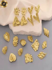 Random Selection: 1/3/6/8-Piece Stainless Steel Set Gold Scallop/Flower/Irregular Square Stud Earrings Multiple Styles To Mix And Match Freely Perfect Holiday Gift For Friends And Family - Gold - View 2
