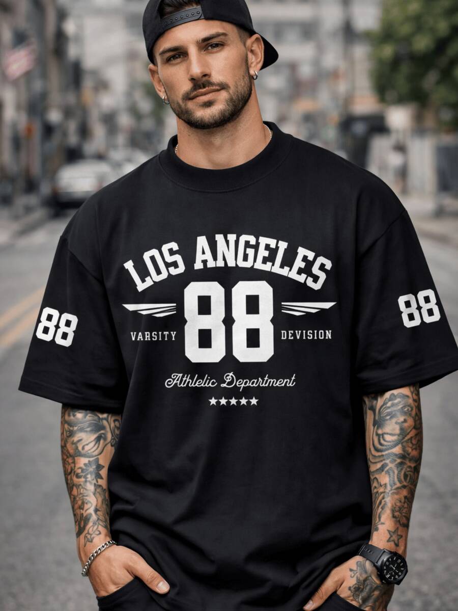 Oversized T-Shirt, Thick Cotton, Streetwear Style, Los Angeles 88 - 黑色 - 查看 1