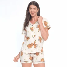 Pijama Americano Feminino Amamentação Baby Doll 100% Algodão Malha Confortável - Capivara - Visão 4