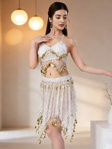 Belly Dance Mesh Halter Crop Top With Dangling Coins, Asymmetric Sheer Skirt With Coin Trim For Stage Performance & Carnival - Multicolor - View 14