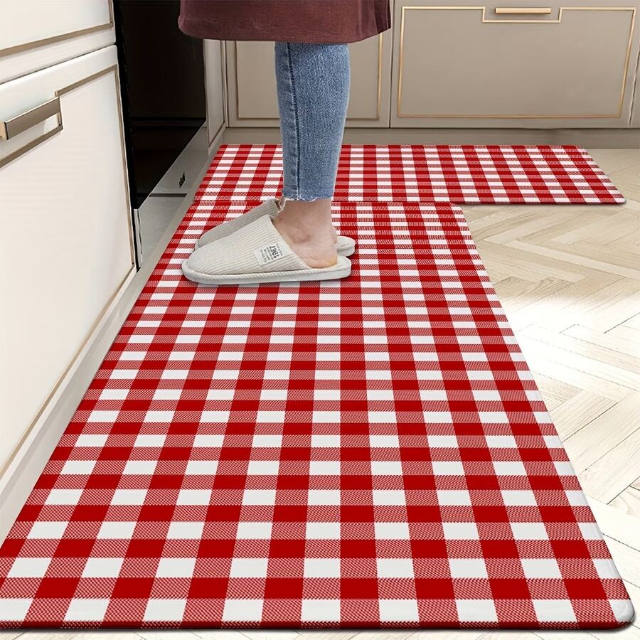 1pc Red Plaid Vibrant Kitchen Rug, Kitchen Mat, Kitchen Carpet, Classic Checkered Doormat, Small Rug, Carpet, Runner Rug, Floor Mat, Home Decor, Area Rug, Outdoor Mat, Home Decor, Area Carpet, Bedroom Rug, Washable Carpet