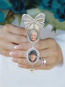 Photo Bouquet Memorial, Lace Charm & Pearl Accent Butterfly Brooch With Your Photo To Commemorate Loved Ones, Gift For Bride - Multicolor - View 9