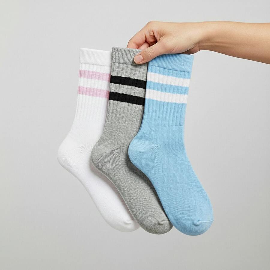 Premium Women's Striped High-Top Socks Set And Unisex Socks Set – Comfort, Style, And Quality For Everyday Wear | Fashion And Performance - Casual Cotton  - All Seasons Socks - 灰/藍/白 - 查看 1