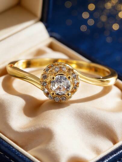 Charm-In Women's Gold-Plated Cubic Zirconia Ring, Round Center Stone + Wavy Band, Minimalist Elegant Design, Suitable For Daily Wear, Casual Occasions, Great Birthday Gift For Fashion Lovers