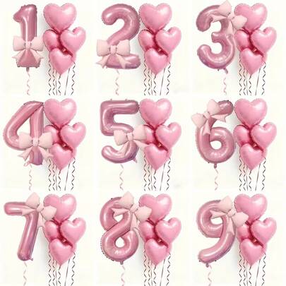 6 piezas Conjunto de globos con forma de número y corazón en color rosa, incluye globos del 0 al 9 con decoración de lazos y globos con forma de corazón a juego - Adecuado para fiestas de cumpleaños, bodas, aniversarios, decoración de fiestas de San Valentín - Suministros de fiesta en rosa claro adecuados para bautizos, fiestas de 1er/2do/3er/4to/5to/6to cumpleaños, globos con números