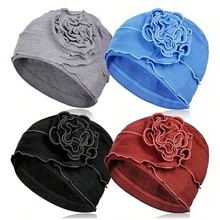 Awegeo 1/4/6件装女士纯色裹身式头巾，带荷叶边和花卉图案 - 弹力透气头带，休闲优雅风格；防滑贴合设计，柔软可调节面料，适合日常佩戴。 - A - 查看 1