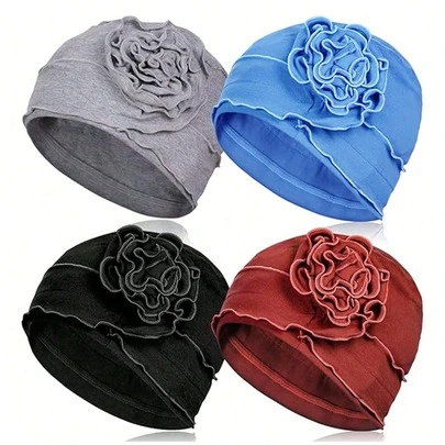 Awegeo 1/4/6件装女士纯色裹身式头巾，带荷叶边和花卉图案 - 弹力透气头带，休闲优雅风格；防滑贴合设计，柔软可调节面料，适合日常佩戴。