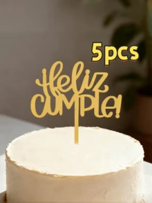 1/3/5pcs Spanish Style Acrylic Birthday Cake (With Nameplate), Happy Birthday PMMA Cake Topper, Cake Decor, Baking Decor, Baking Supplies, Kitchen Supplies, Suitable For Halloween, Christmas Party And Celebration Decoration - Gold - View 10