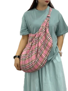Large Capacity Plaid Pattern Shoulder Bag, New Spring/Summer Ladies Crossbody Bag, Zippered Fabric Bag, Casual Versatile Tote Bag, Suitable For Work, Study, Travel - Pink - View 10
