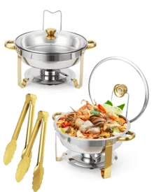 5QT 4 Packs Chafing Dish Buffet Set Gold Accent,  Round 316 Stainless Steel Buffet Warmer Chafers And Warmers Sets With Glass Lid & Lid Holder For Valentine's Day Gatherings Catering Events Parties Weddings Dinners - Nắp kính mạ vàng một phần với họa tiết hoa mai. - Xem 12